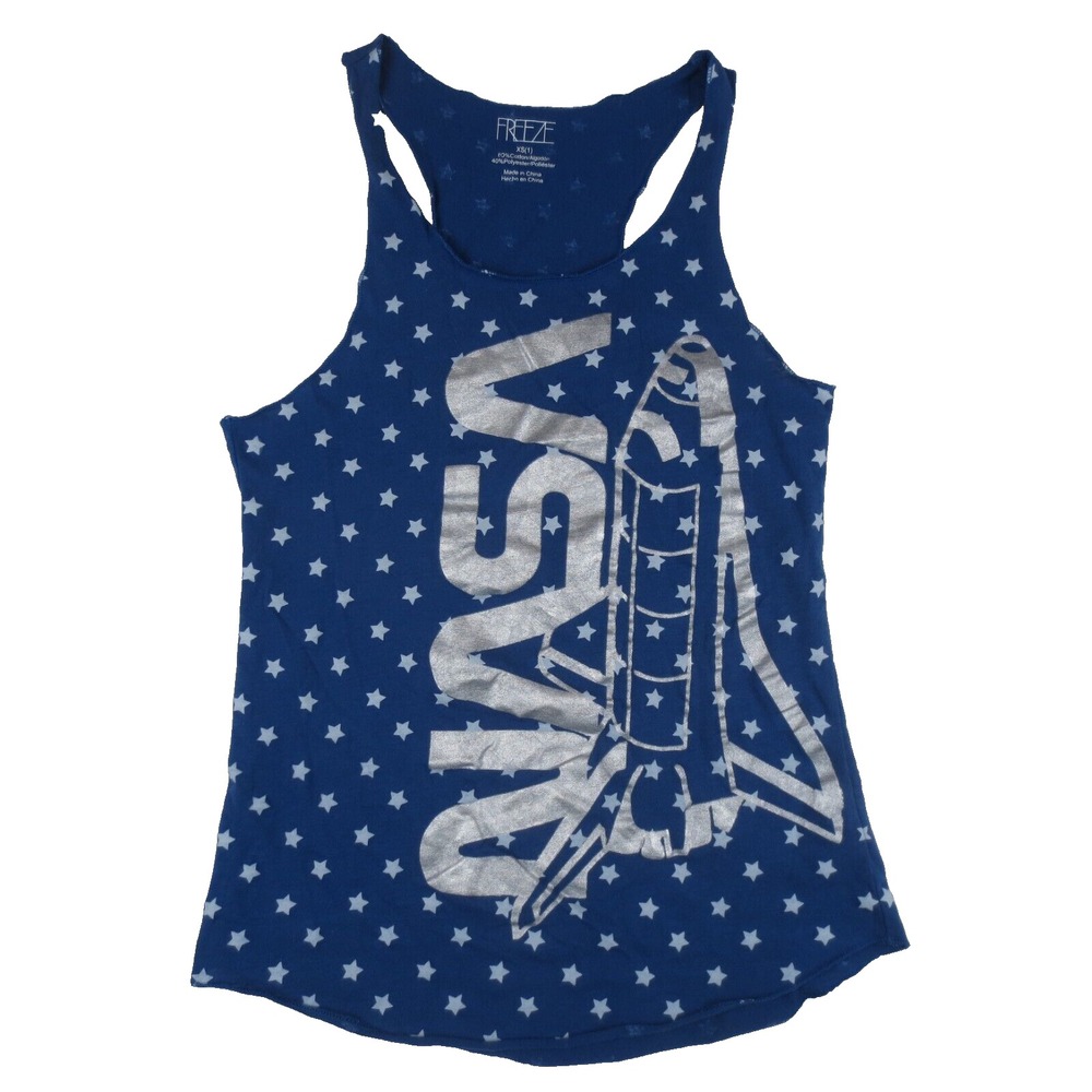 NASA Freeze Tank Top Juniors XS (1) Blue Stars Spaceship Graphic Print Racerback